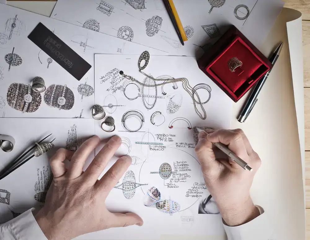 Sketches and a partially finished custom ring on a wooden bench